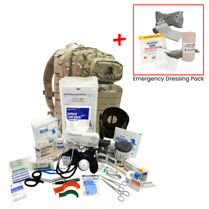 General-Purpose First Aid Backpack containing various supplies and an Emergency Dressing Pack.