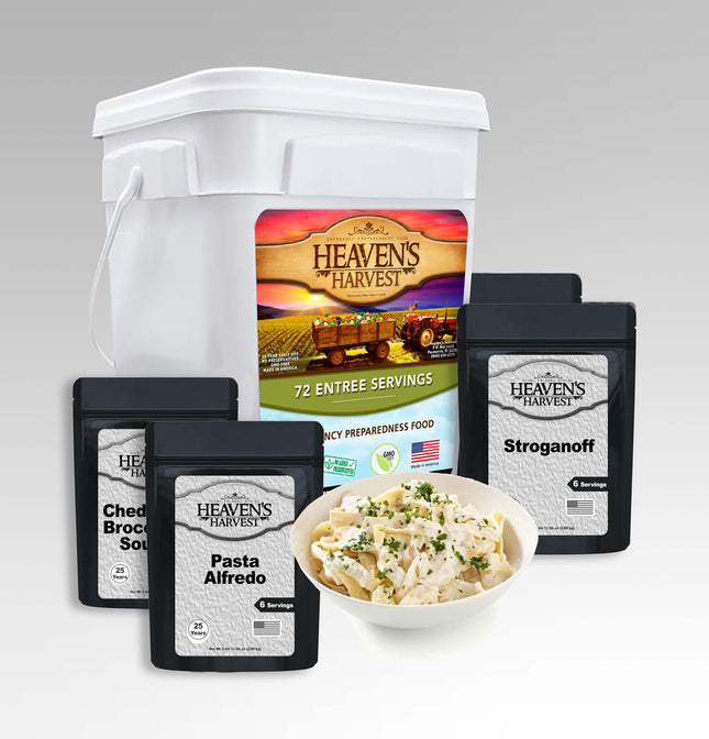 Heaven's Harvest Entree Bucket displaying 72 servings of emergency food kit with pasta alfredo and soup packets.