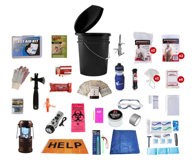 Hurricane emergency kit in a 5-gallon bucket with essential survival supplies and tools for severe storms.