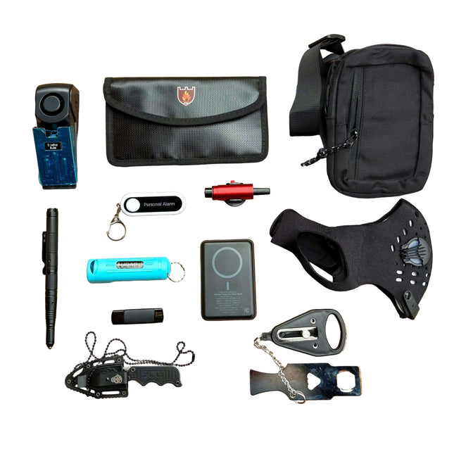 The Stay Safe Self Defense Kit with personal alarm, tactical pen, glass breaker, and more for personal safety.