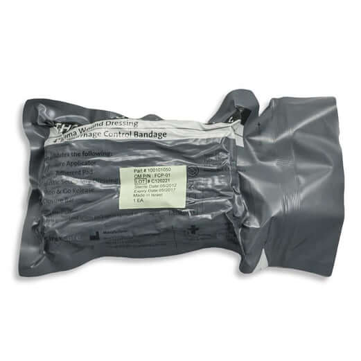 Israeli 4 inch bandage pack for hemorrhage control, ideal for emergency and tactical use, featuring combat-proven design.