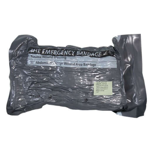 Israeli abdominal pad 12-inch emergency bandage for trauma wound management.