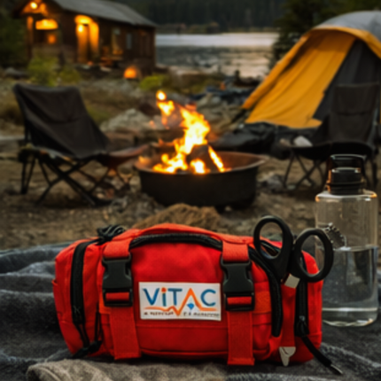 A red ViTac emergency repair kit bag with black straps and a black pair of scissors, placed in the foreground on a camping blanket. The background shows a cozy outdoor campsite with a fire pit, a yellow tent, folding chairs, a cabin, and mountains.