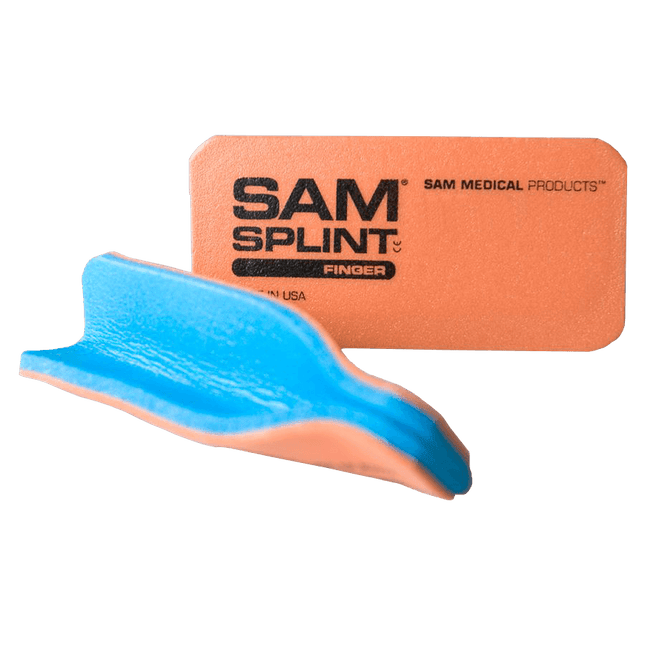 SAM Finger Splint in orange and blue, reusable and waterproof for finger support and immobilization.