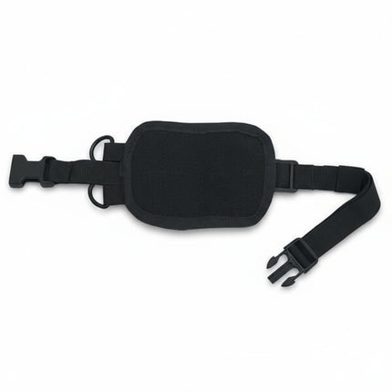 Black tactical strap with adjustable buckle, designed for secure attachment to gear or equipment.