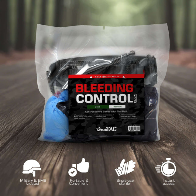 Basic Bleeding Control Kit (Copy) in vacuum-sealed packaging for rapid response to severe bleeding emergencies.