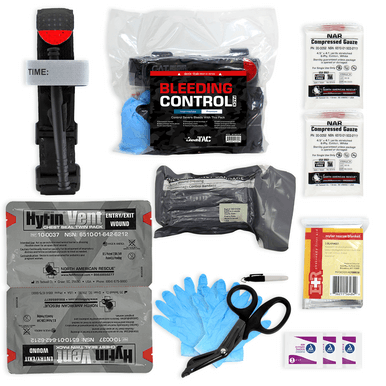 A comprehensive Bleeding Control Pack, including gauze, gloves, scissors, and other essential first-aid supplies.