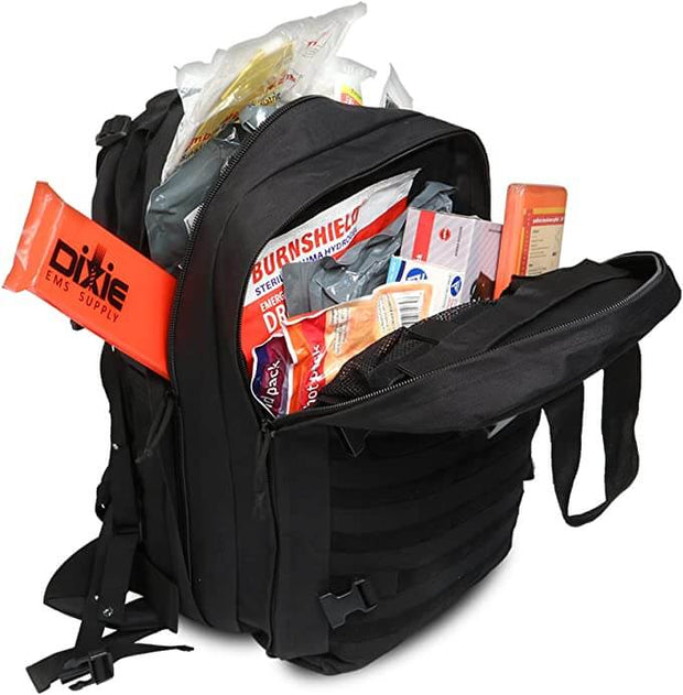 Deluxe Tactical Medical Response Backpack filled with essential medical supplies for emergency situations.