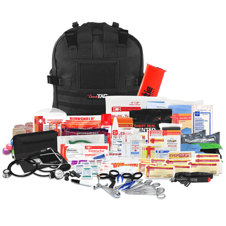 Deluxe Tactical Medical Response Backpack full of medical supplies, including trauma gear and first aid essentials.
