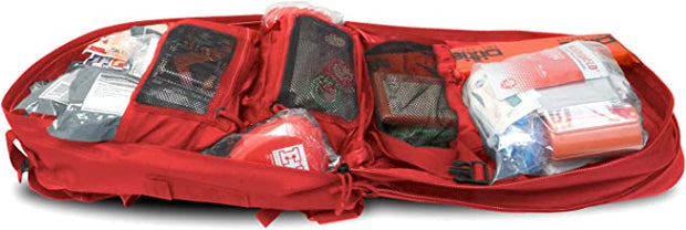 Deluxe Tactical Medical Response Backpack opened, showcasing organized medical supplies for emergency situations.