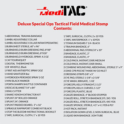 Deluxe Special Ops Tactical Field Medical Stomp kit contents list with essential medical supplies for emergency responders.