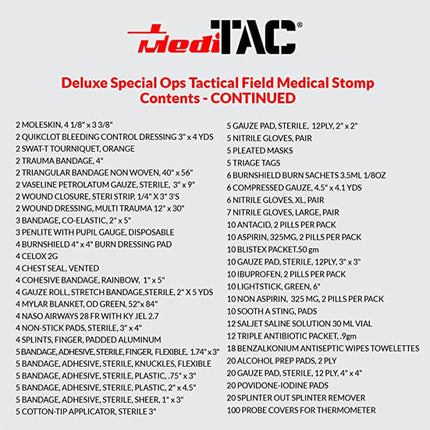 List of contents for Deluxe Special Ops Tactical Field Medical Stomp by MediTac, featuring essential medical supplies.