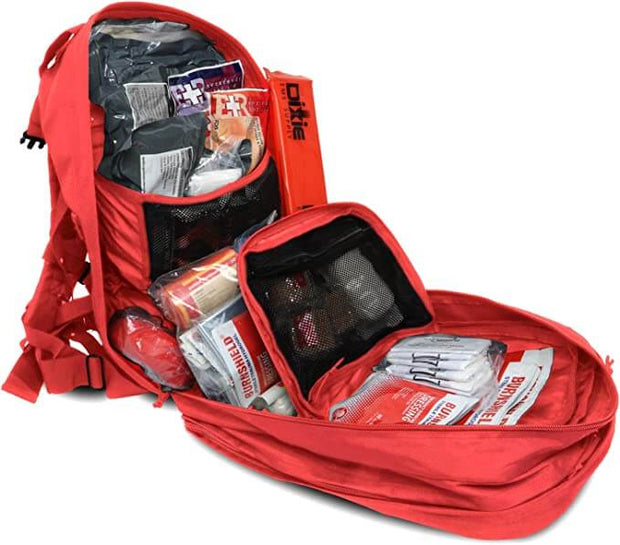 Deluxe Tactical Medical Response Backpack open to reveal organized medical supplies and compartments.