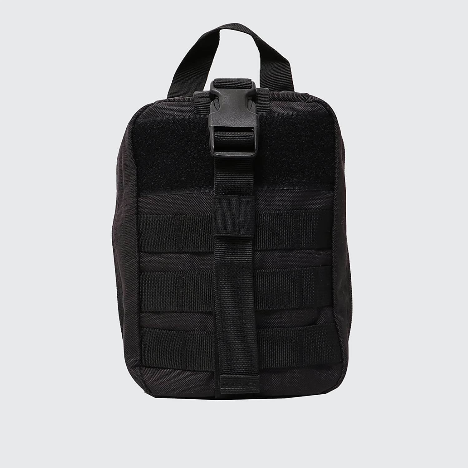 Black compact tactical IFAK bag with straps and handle for emergency trauma response kit.