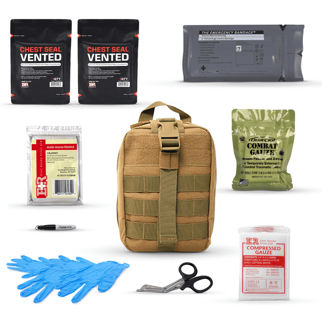 Emergency Response IFAK Kit contents: chest seals, combat gauze, emergency blanket, scissors, gloves, and compressed gauze.