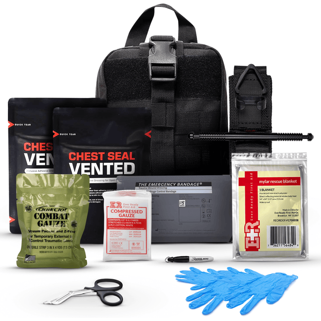 Emergency response IFAK kit with chest seals, gauze, scissors, gloves, and rescue blanket for trauma management.