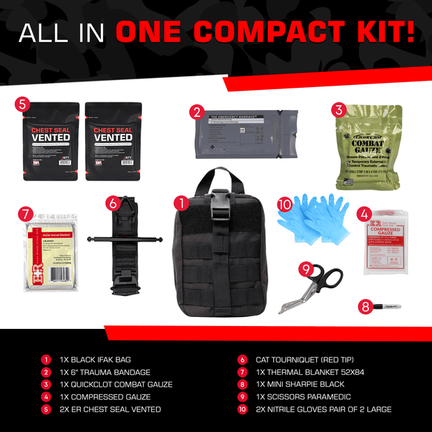 Emergency Response IFAK Compact Kit includes CAT Tourniquet, gauze, chest seals, and essential trauma supplies.