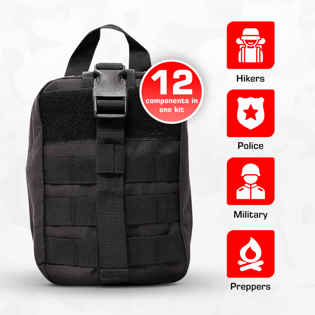 Compact black IFAK kit with 12 components, ideal for hikers, police, military, and preppers.