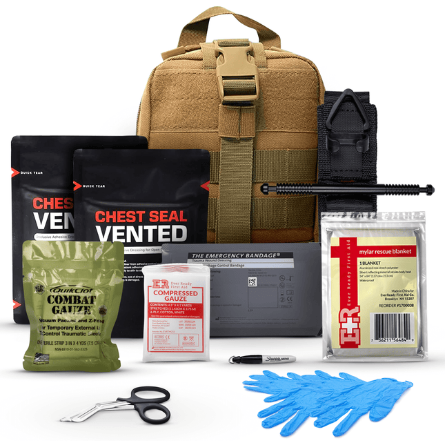 MediTac On Code Trauma IFAK Kit with CAT Tourniquet, chest seals, gauze, scissors, gloves, and emergency blanket.