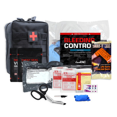 Intermediate bleeding control pack containing essential trauma supplies for emergencies.