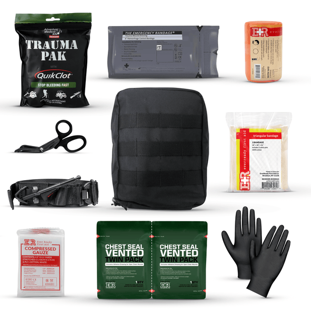 Premium IFAK Trauma Kit components including QuikClot, emergency bandage, scissors, and gauze for quick medical response.