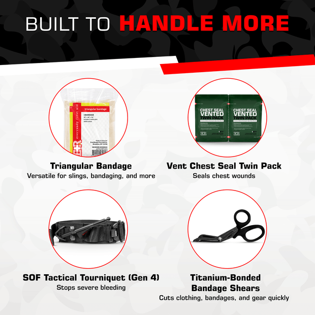 Infographic of trauma kit components: triangular bandage, vent chest seals, SOF tourniquet, and bandage shears.