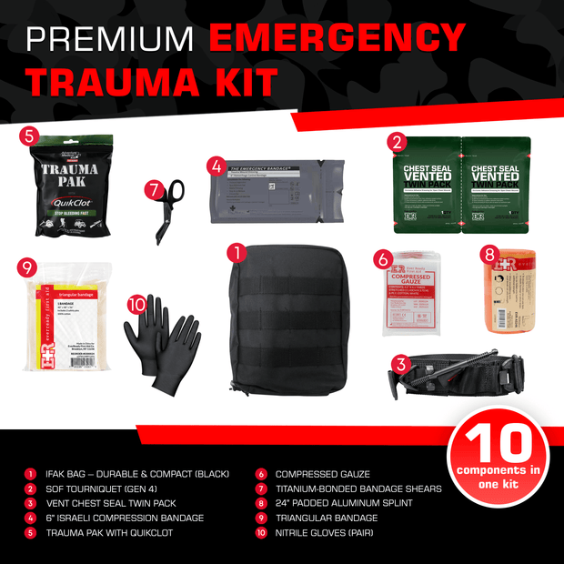 Image of Premium Emergency Trauma Kit displaying 10 essential first aid components including bandages, tourniquet, and gloves.