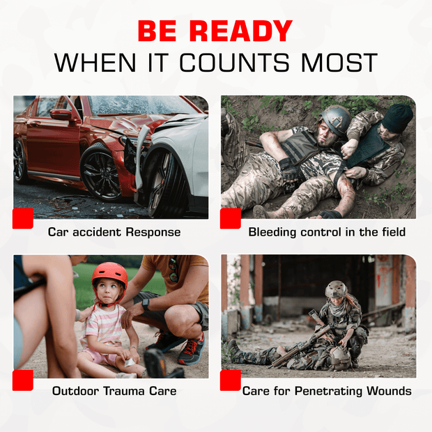 Collage of emergency response scenarios: car accident, field bleeding control, outdoor trauma care, and treating penetrating wounds.