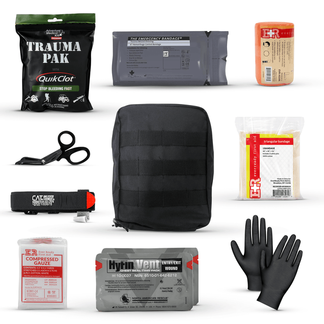 Premium IFAK Trauma Kit components including QuikClot, CAT tourniquet, gauze, chest seals, and gloves.