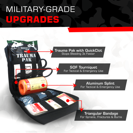Premium trauma kit features QuickClot Trauma Pak, SOF tourniquet, aluminum splint, and triangular bandage for emergency care.