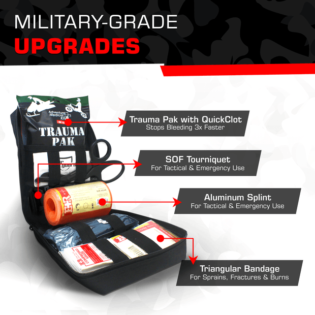 Premium trauma kit features QuickClot Trauma Pak, SOF tourniquet, aluminum splint, and triangular bandage for emergency care.