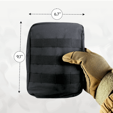 Premium IFAK Trauma Kit in a black MOLLE-compatible pouch, held in a gloved hand, showing dimensions 6.7" x 9.1".