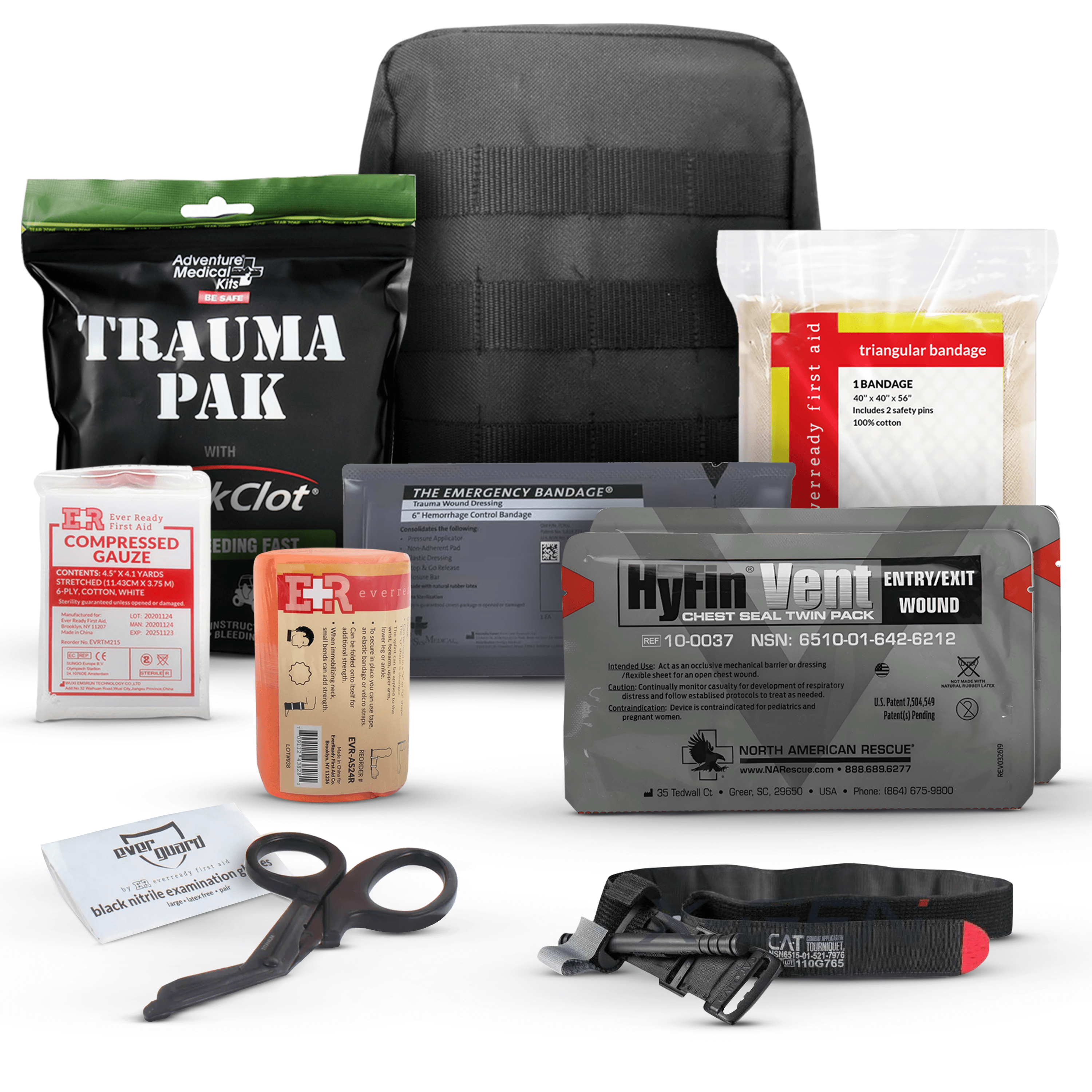 Premium IFAK Trauma Kit contents including tourniquet, gauze, bandages, and chest seals in a compact pouch.