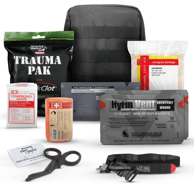 Premium IFAK Trauma Kit contents including tourniquet, gauze, bandages, and chest seals in a compact pouch.