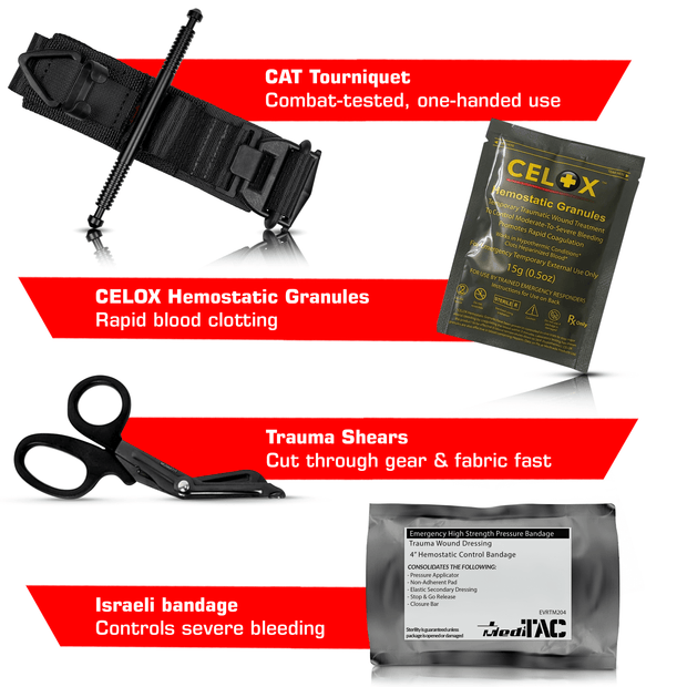 Premium Tactical IFAK Kit (Copy) components including CAT Tourniquet, Celox Hemostatic Granules, Trauma Shears, and Israeli bandage.