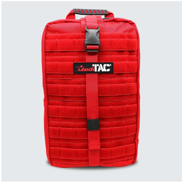 Red Rip-Away Tactical Trauma Kit pouch featuring MOLLE webbing for emergency first aid supplies.