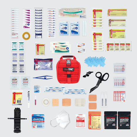 Small Rip Away Tactical Trauma Kit with essential medical supplies, including tourniquet, gauze, and EMT shears.