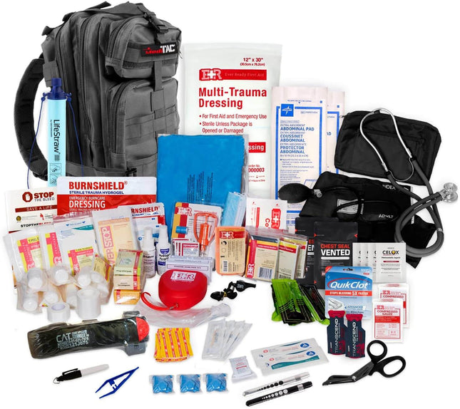 Tactical Trauma Backpack with medical supplies for emergency care, including dressings, bandages, and first aid equipment.