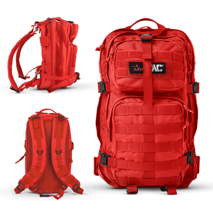 Tactical Trauma Backpack in red, designed for emergency medical care and outdoor use, with MOLLE compatibility.