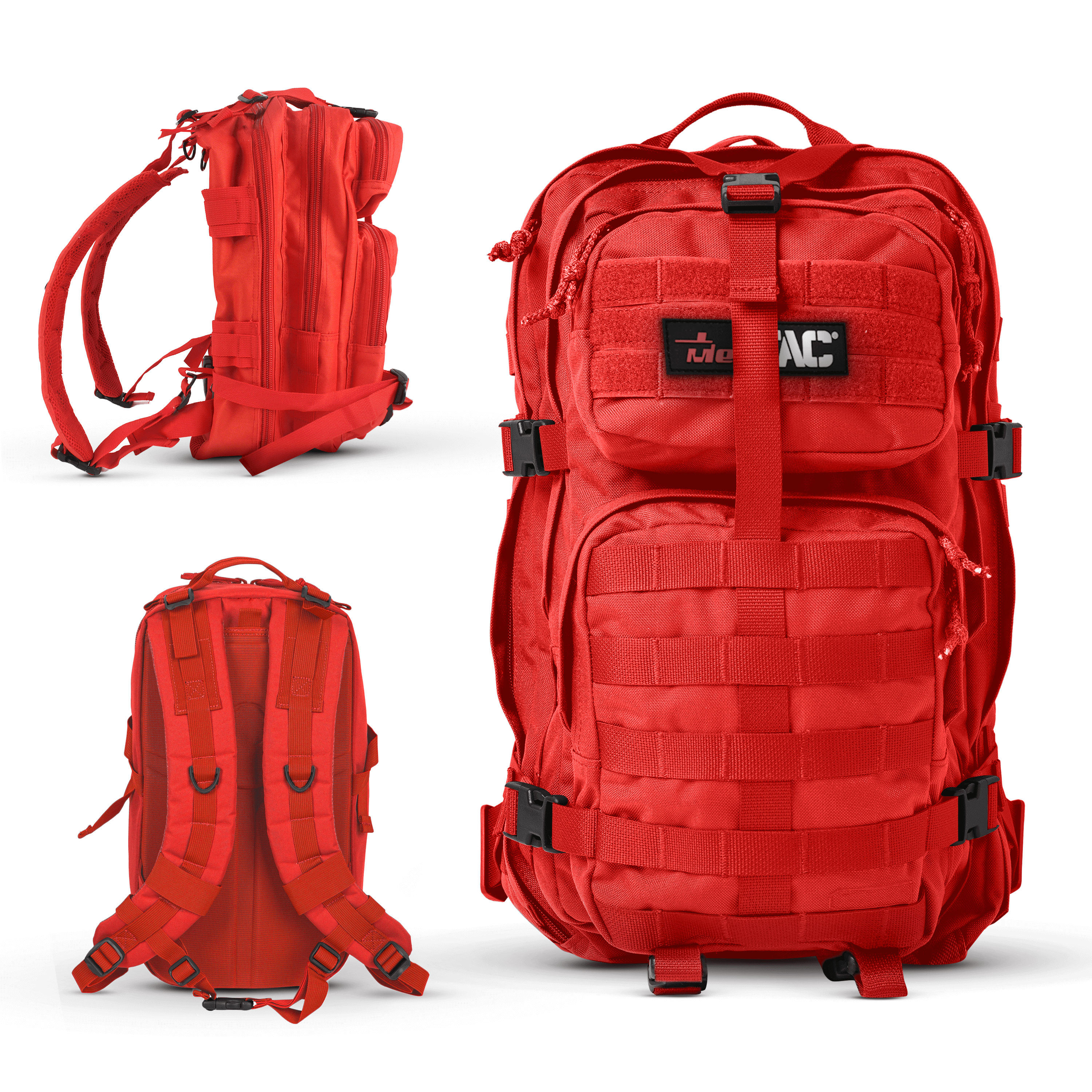 Tactical Trauma Backpack in red, designed for emergency medical care and outdoor use, with MOLLE compatibility.