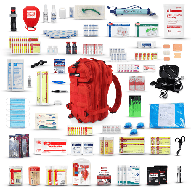 Tactical Trauma Backpack with first aid supplies for emergency care and severe bleeding control.