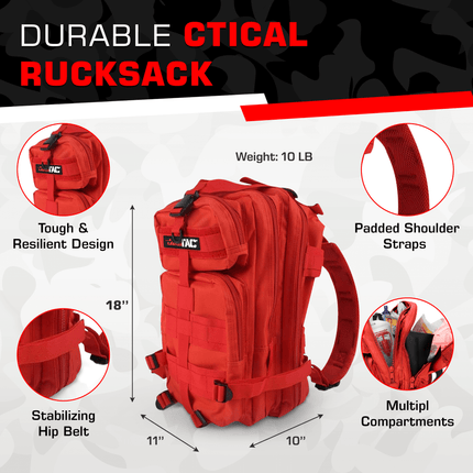 Durable Tactical Trauma Backpack with padded straps, stabilizing hip belt, and multiple compartments for emergency care.