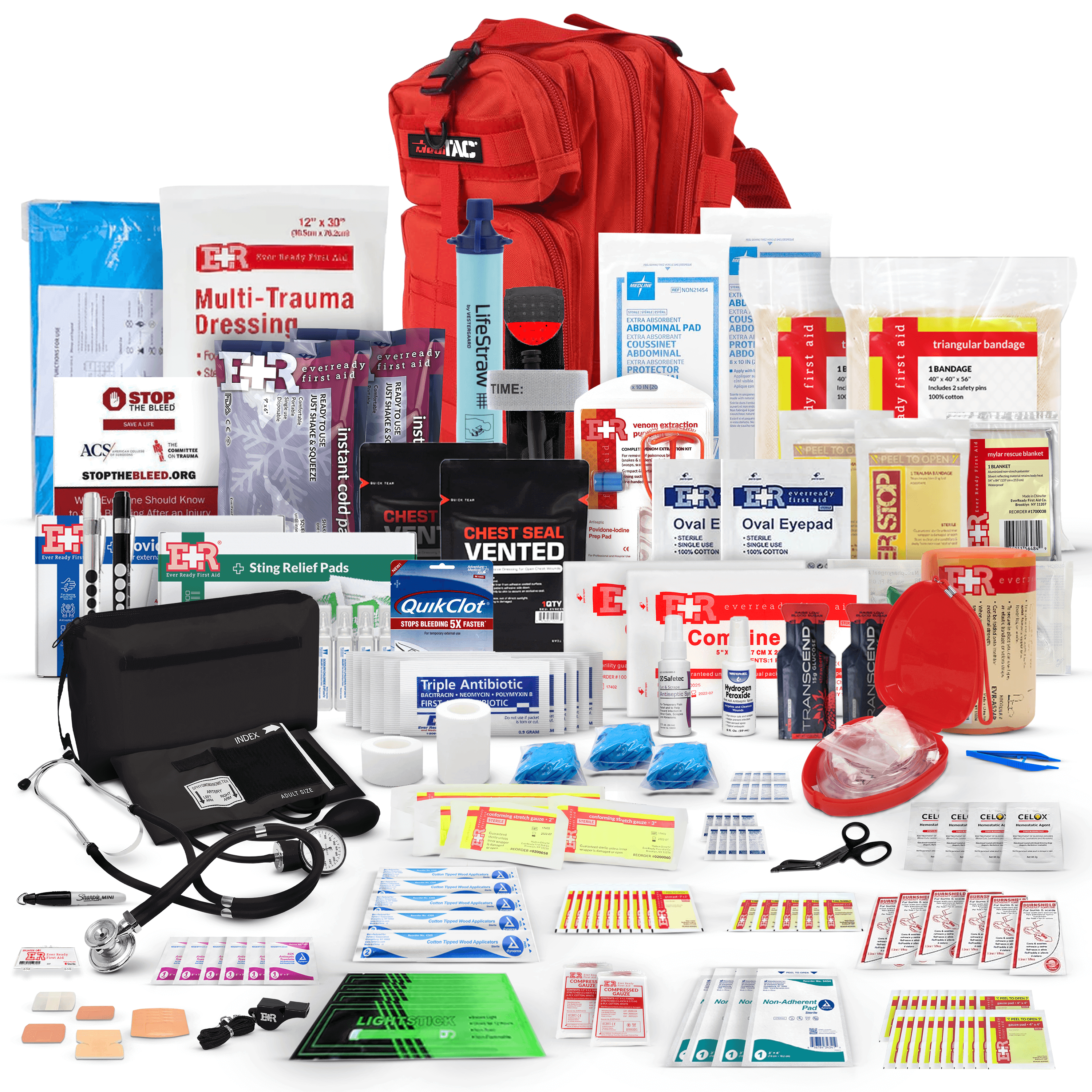 Tactical Trauma Backpack filled with medical supplies for emergency response and first aid.