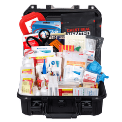 Advanced waterproof medical kit filled with tourniquet, trauma dressings, chest seals, and medical supplies.
