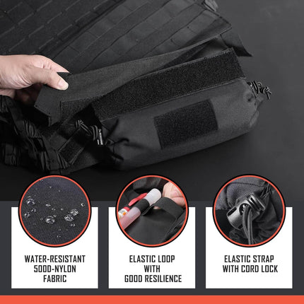 1st Line IFAK with water-resistant 500D nylon fabric, elastic loop, and strap with cord lock for duty belt use.