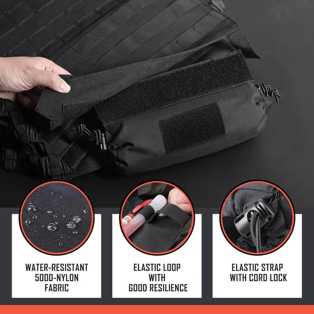 1st Line IFAK with water-resistant 500D nylon fabric, elastic loop, and strap with cord lock for duty belt use.