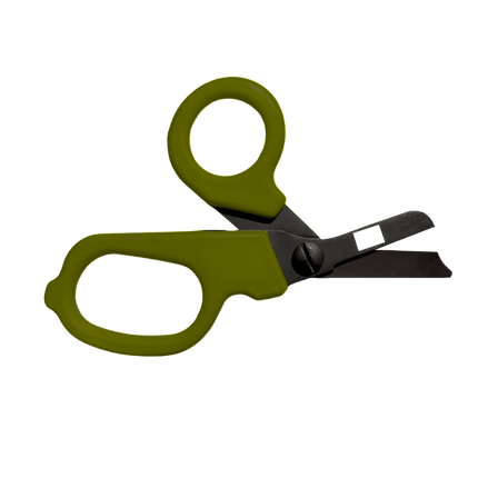 MINI Compact Medical Olive Drab Trauma Shears with blunt tip and diamond-like carbon coated blades for safety and durability.