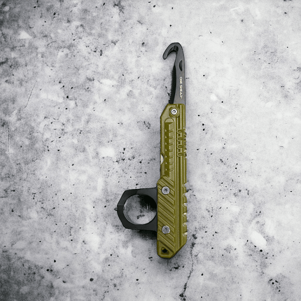 3-in-1 rescue tool featuring a foldable seatbelt cutter and knuckle protector, designed for emergency situations.