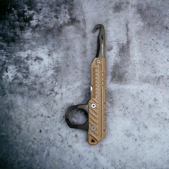 3-in-1 rescue tool featuring a foldable seatbelt cutter, window breaker, and knuckle protector in durable design.