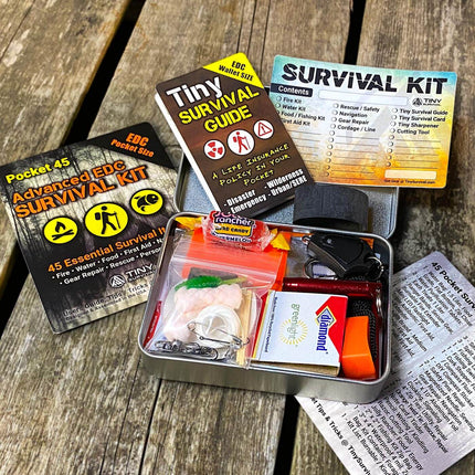 P-49 Elite Survival Kit - Bundle showing essential survival items and guides in a compact tin.